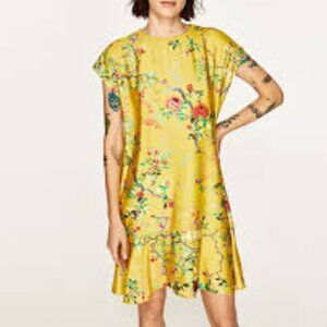 Zara Basic Collection Yellow Floral Red Mid Loose Fit Women Dress Size Small
